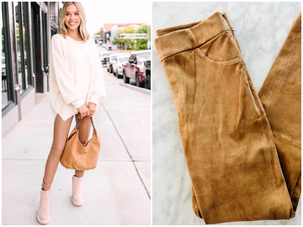 Ecru Stretch Leather Camel Tan Leggings Size Medium High Waist Sueded